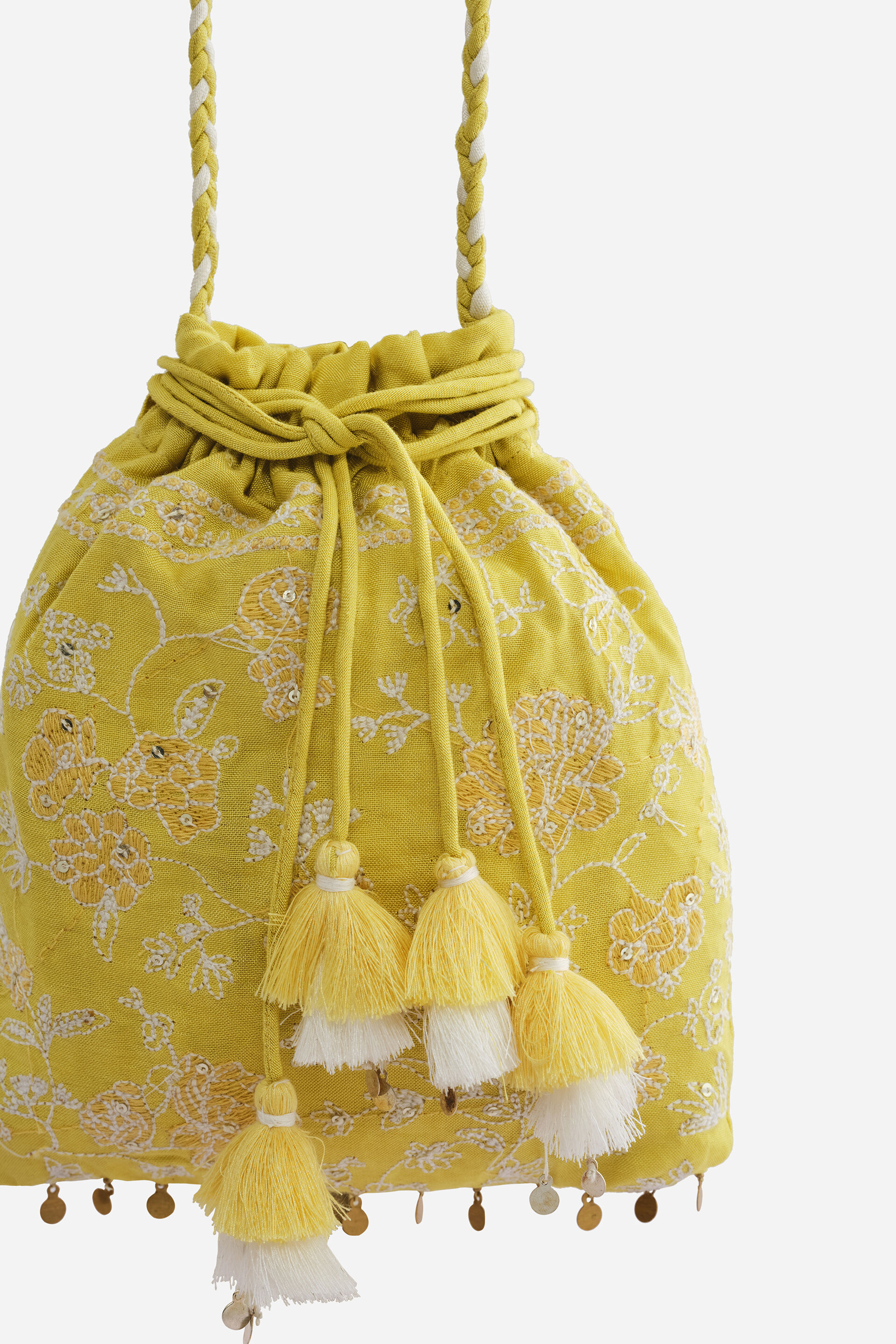 Embroidered Potli Bag in Yellow, , image 3
